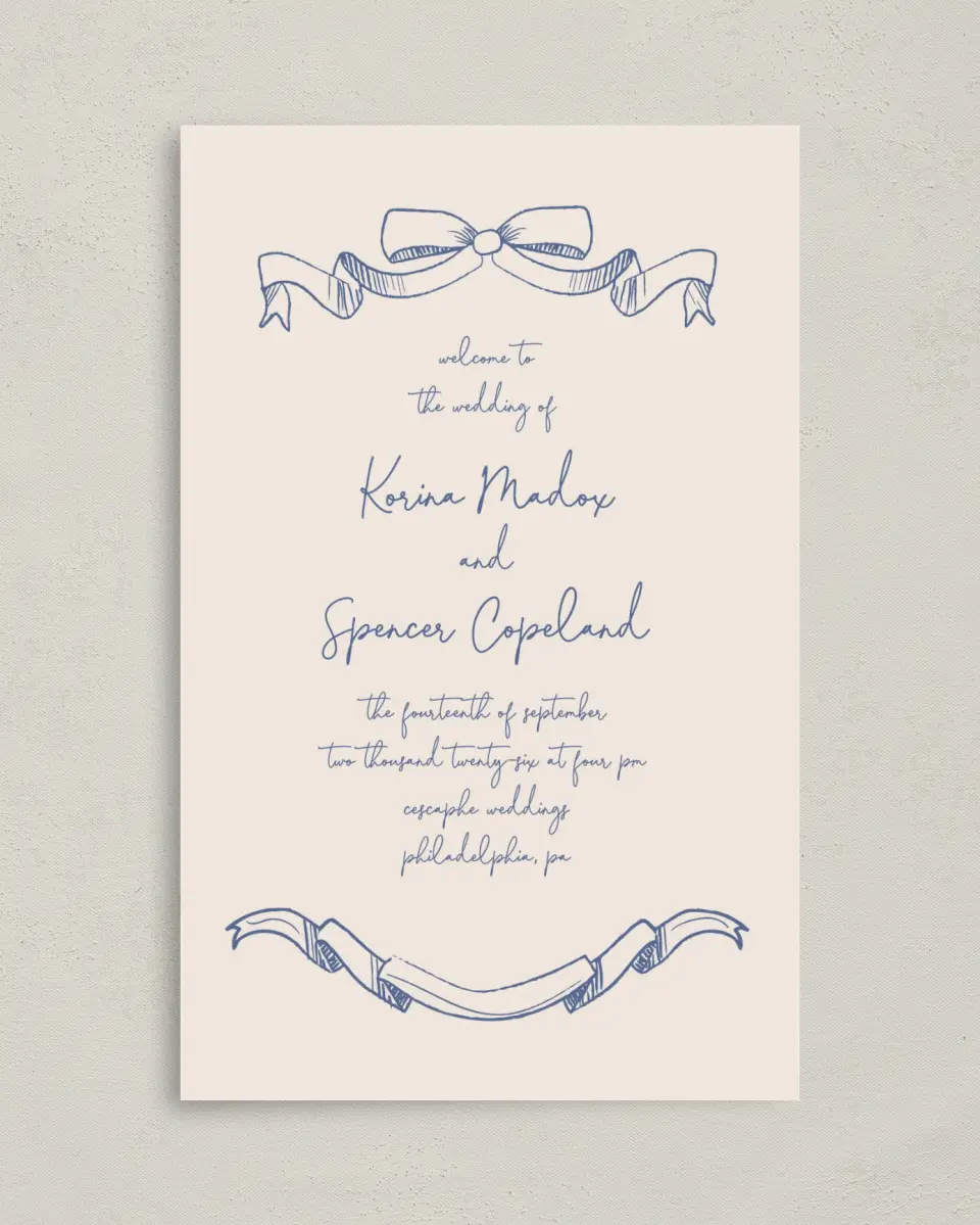 This is a 5" x 7⅞" Folded Half-fold Wedding Program called Sketched Bow printed in full color on Premium Smooth paper