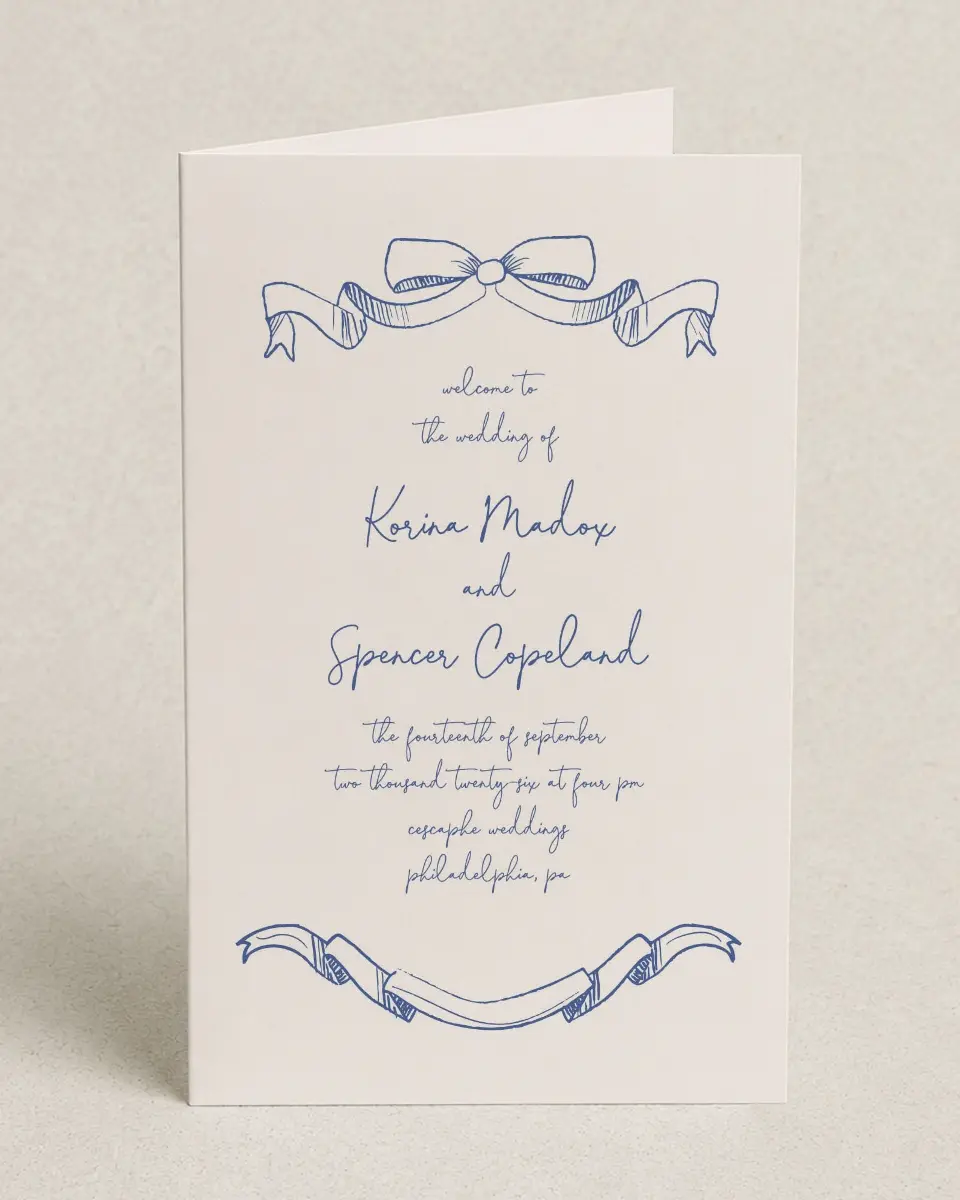 This is a 5" x 7⅞" Folded Half-fold Wedding Program called Sketched Bow printed in full color on Premium Smooth paper