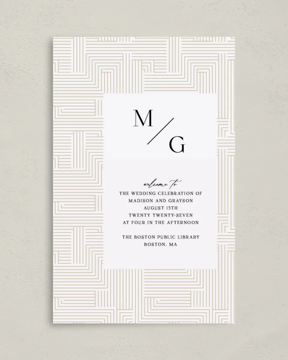This is a 5" x 7⅞" Folded Half-fold Wedding Program called Love Maze printed in full color with Gold foil on Premium Smooth paper