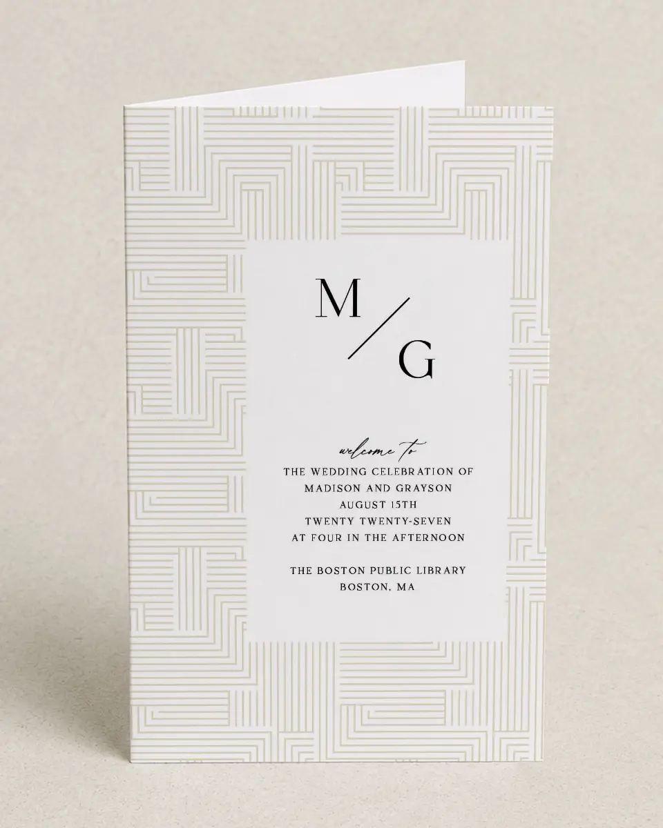 This is a 5" x 7⅞" Folded Half-fold Wedding Program called Love Maze printed in full color with Gold foil on Premium Smooth paper