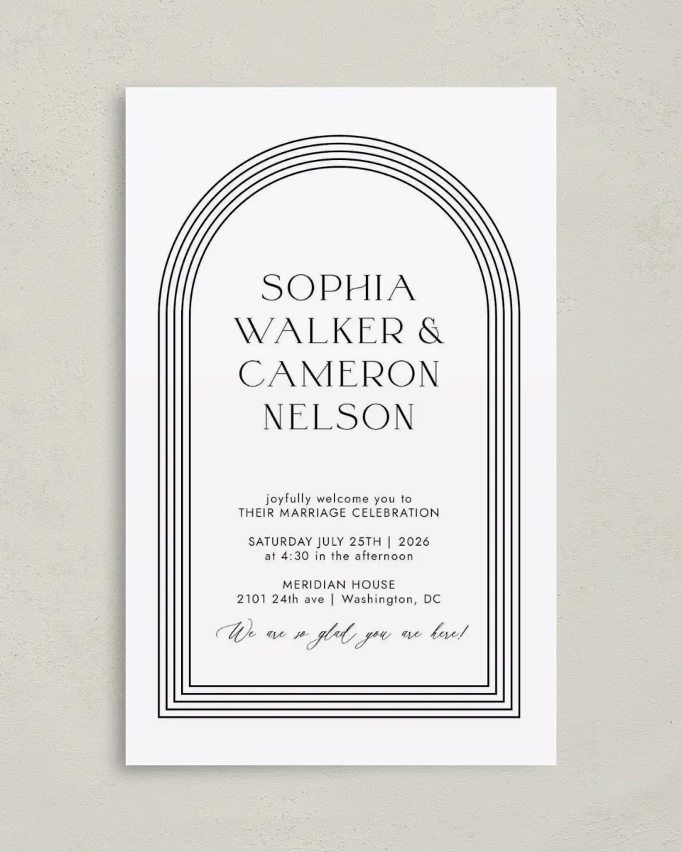 This is a 5" x 7⅞" Folded Half-fold Wedding Program called Passionate Arch printed in full color with Gold foil on Premium Smooth paper