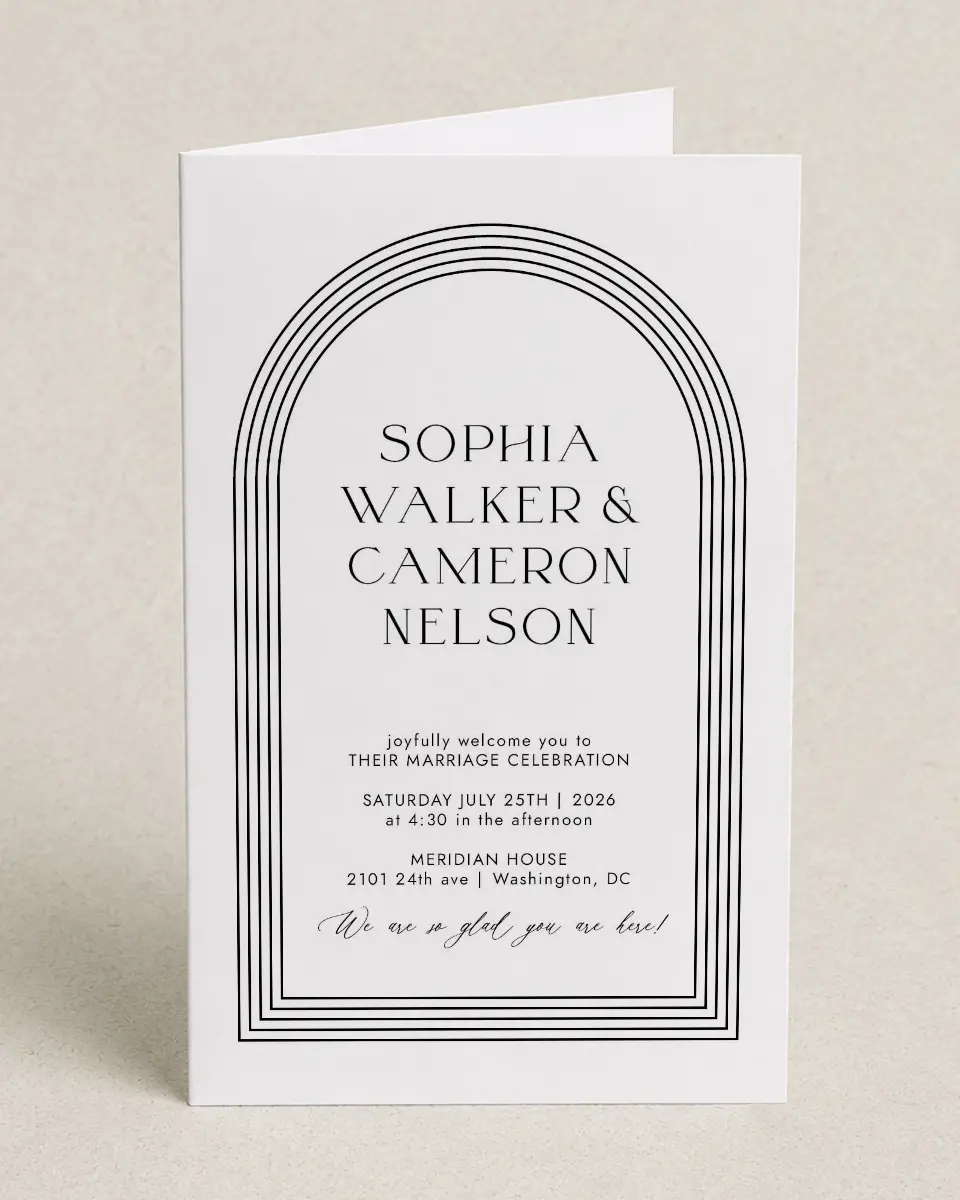 This is a 5" x 7⅞" Folded Half-fold Wedding Program called Passionate Arch printed in full color with Gold foil on Premium Smooth paper