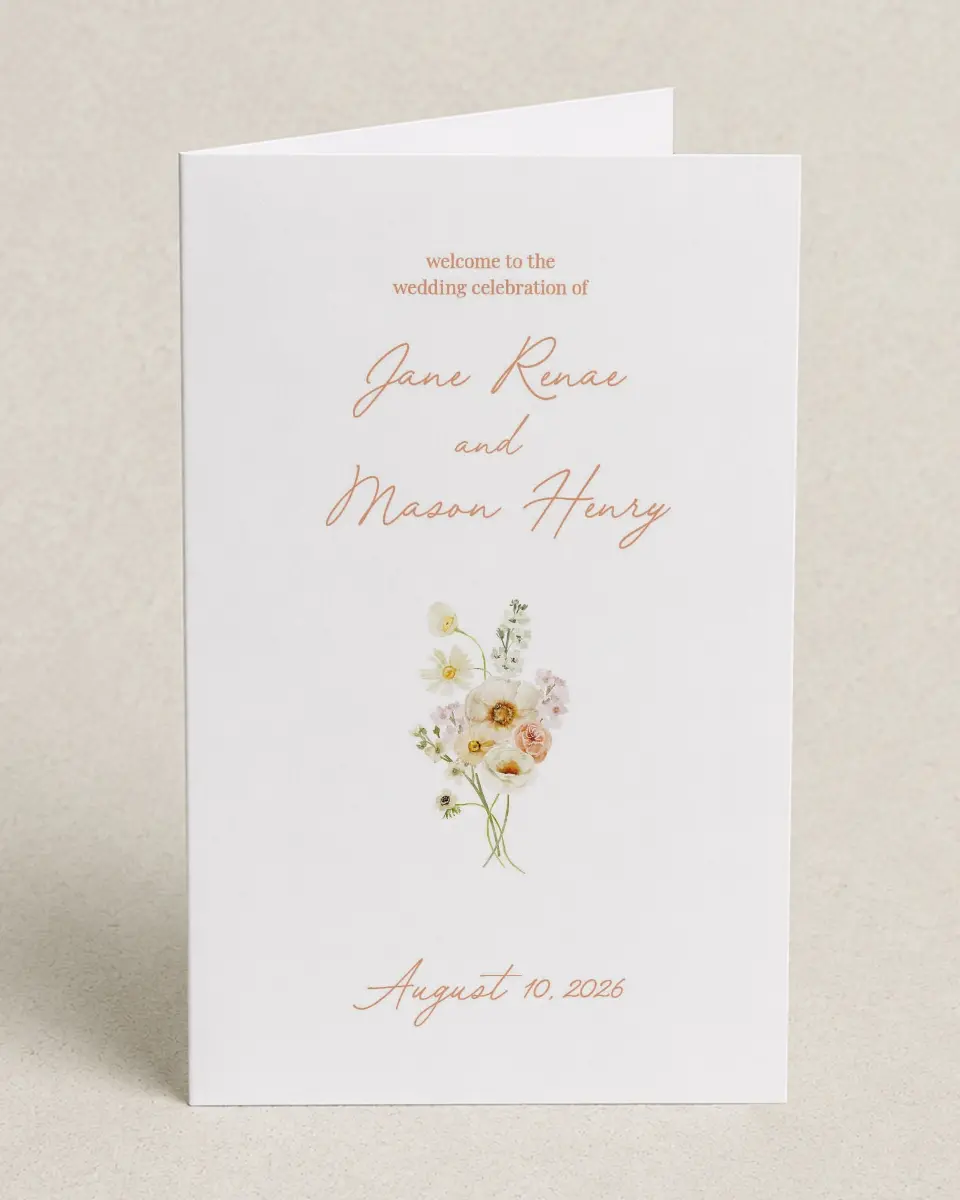 This is a 5" x 7⅞" Folded Half-fold Wedding Program called Warm Wildflowers printed in full color on Premium Smooth paper