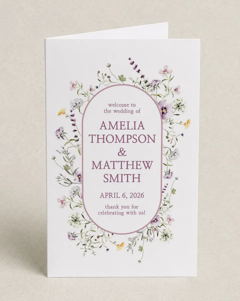 This is a 5" x 7⅞" Folded Half-fold Wedding Program called Whimsy Fairytale printed in full color on Premium Smooth paper