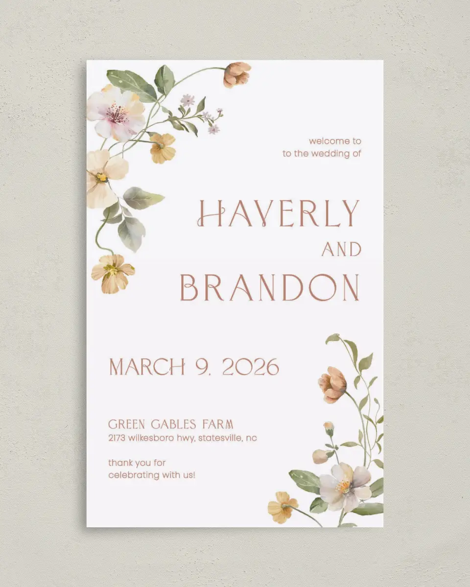This is a 5" x 7⅞" Folded Half-fold Wedding Program called Delicate Garden printed in full color on Premium Smooth paper