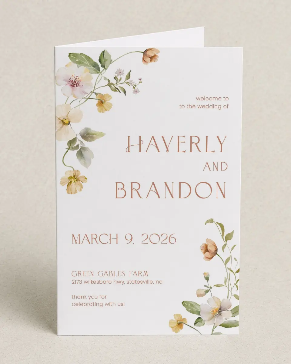 This is a 5" x 7⅞" Folded Half-fold Wedding Program called Delicate Garden printed in full color on Premium Smooth paper