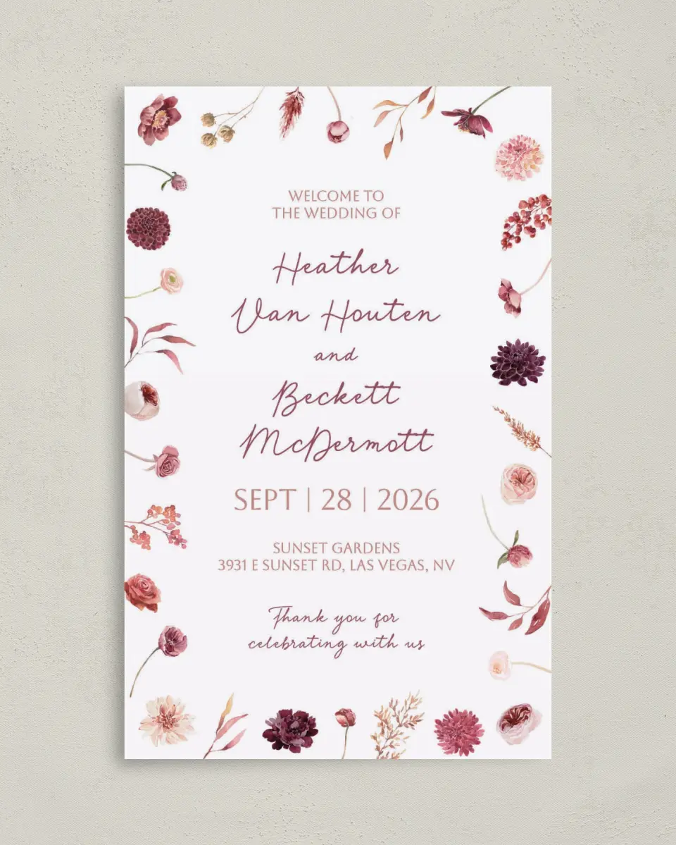 This is a 5" x 7⅞" Folded Half-fold Wedding Program called Mauvelous printed in full color with Gold foil on Luxe Satin (coated) paper