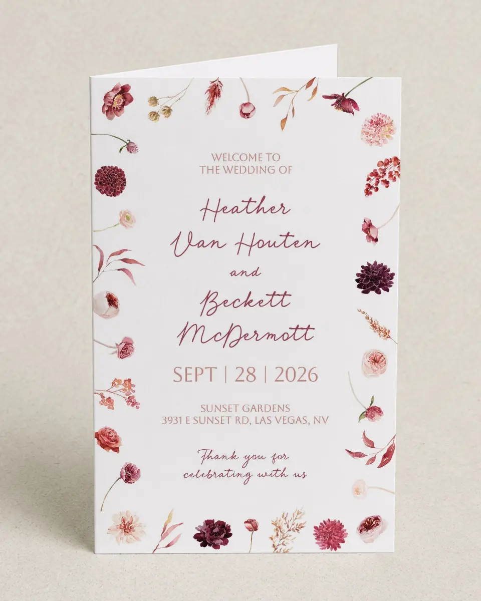 This is a 5" x 7⅞" Folded Half-fold Wedding Program called Mauvelous printed in full color on Premium Smooth paper