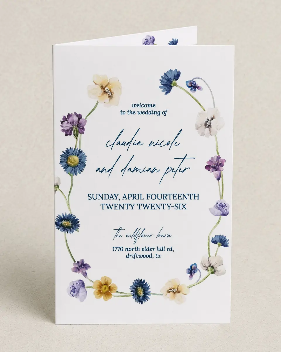 This is a 5" x 7⅞" Folded Half-fold Wedding Program called Wildest Dream printed in full color on Premium Smooth paper