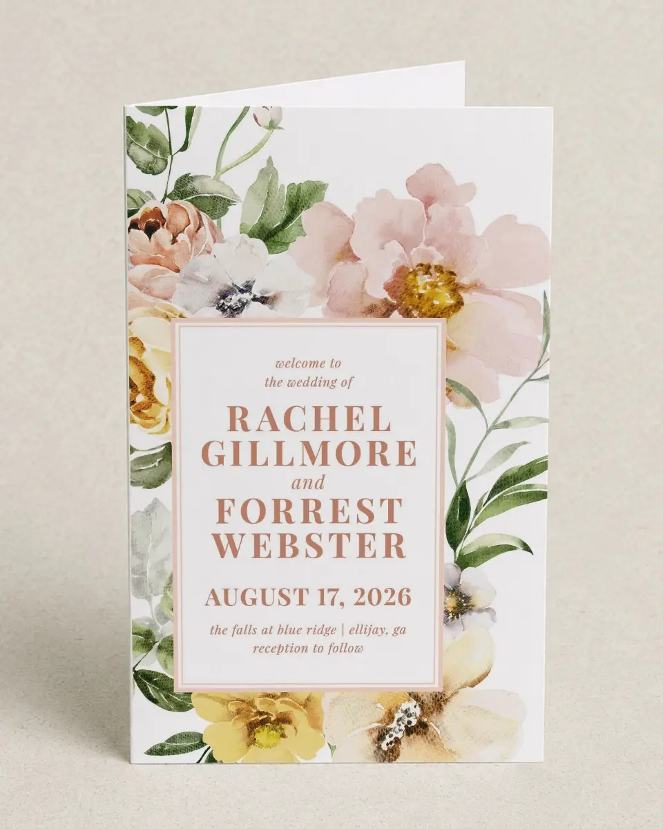 This is a 5" x 7⅞" Folded Half-fold Wedding Program called Gorgeous Blush printed in full color on Premium Smooth paper