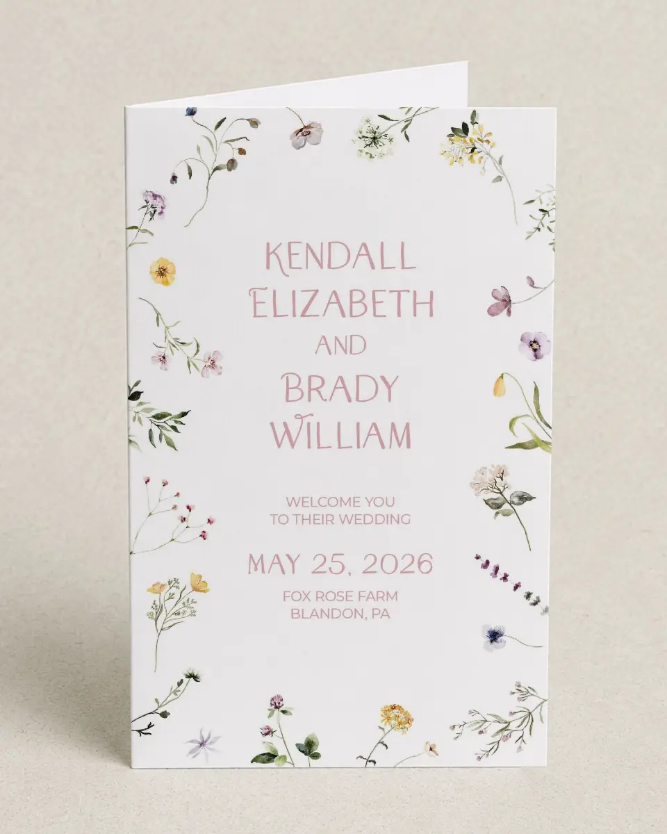 This is a 5" x 7⅞" Folded Half-fold Wedding Program called Efflorescence printed in full color on Premium Smooth paper