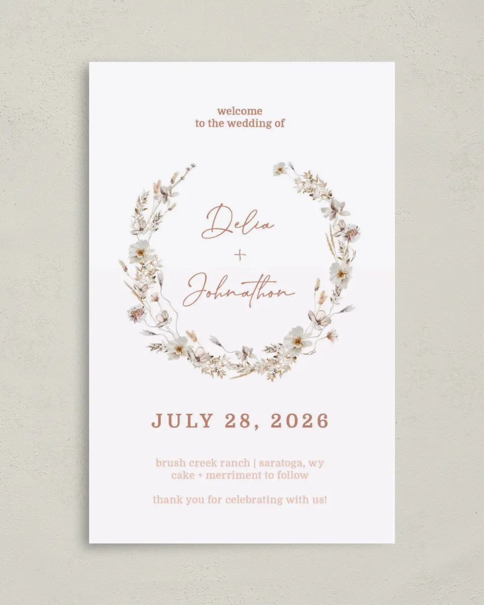 This is a 5" x 7⅞" Folded Half-fold Wedding Program called Petal Perfect printed in full color with Rose Gold foil on Luxe Satin (coated) paper