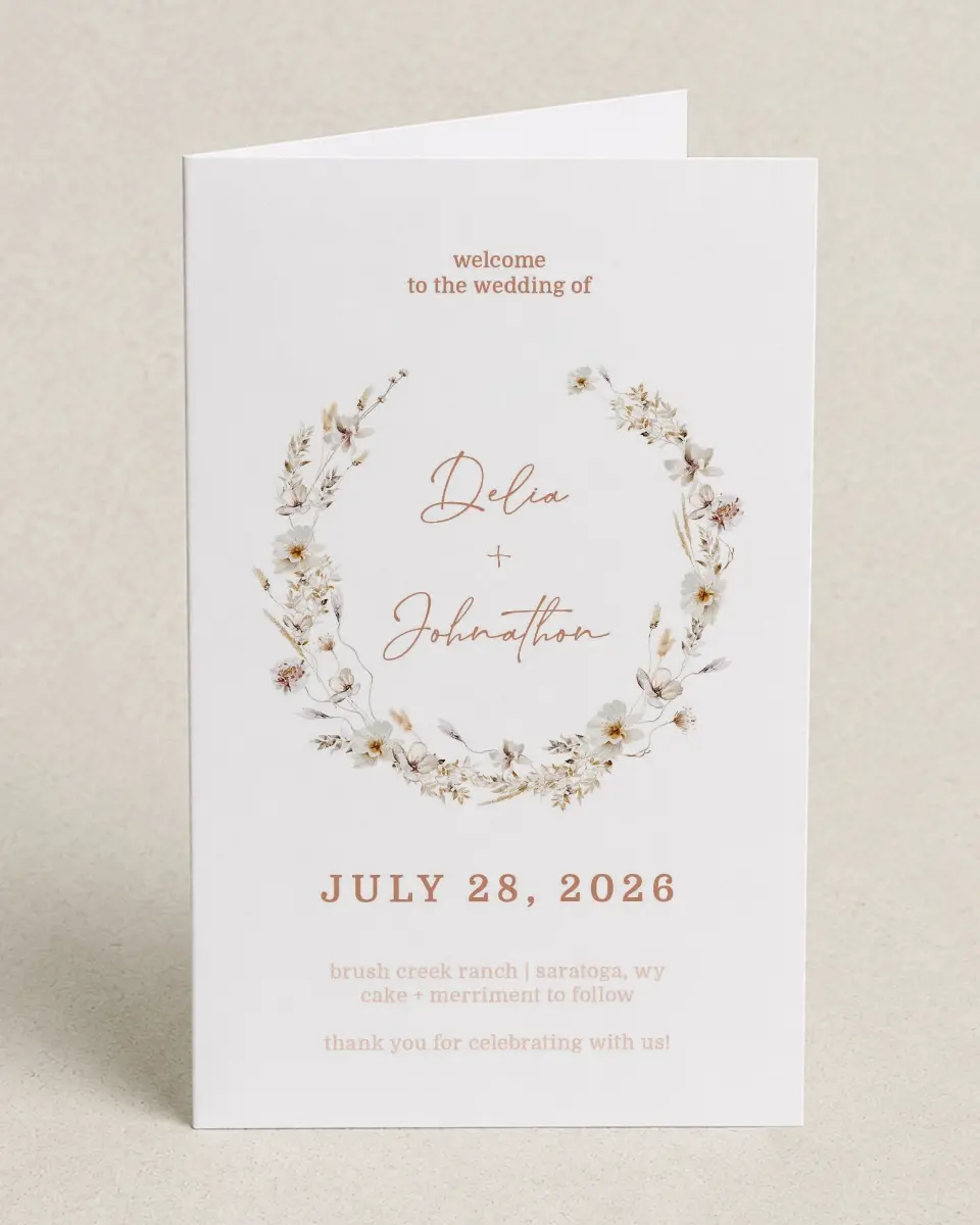 This is a 5" x 7⅞" Folded Half-fold Wedding Program called Petal Perfect printed in full color on Premium Smooth paper