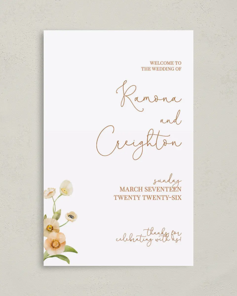 This is a 5" x 7⅞" Folded Half-fold Wedding Program called Sultry Sunshine printed in full color on Premium Smooth paper