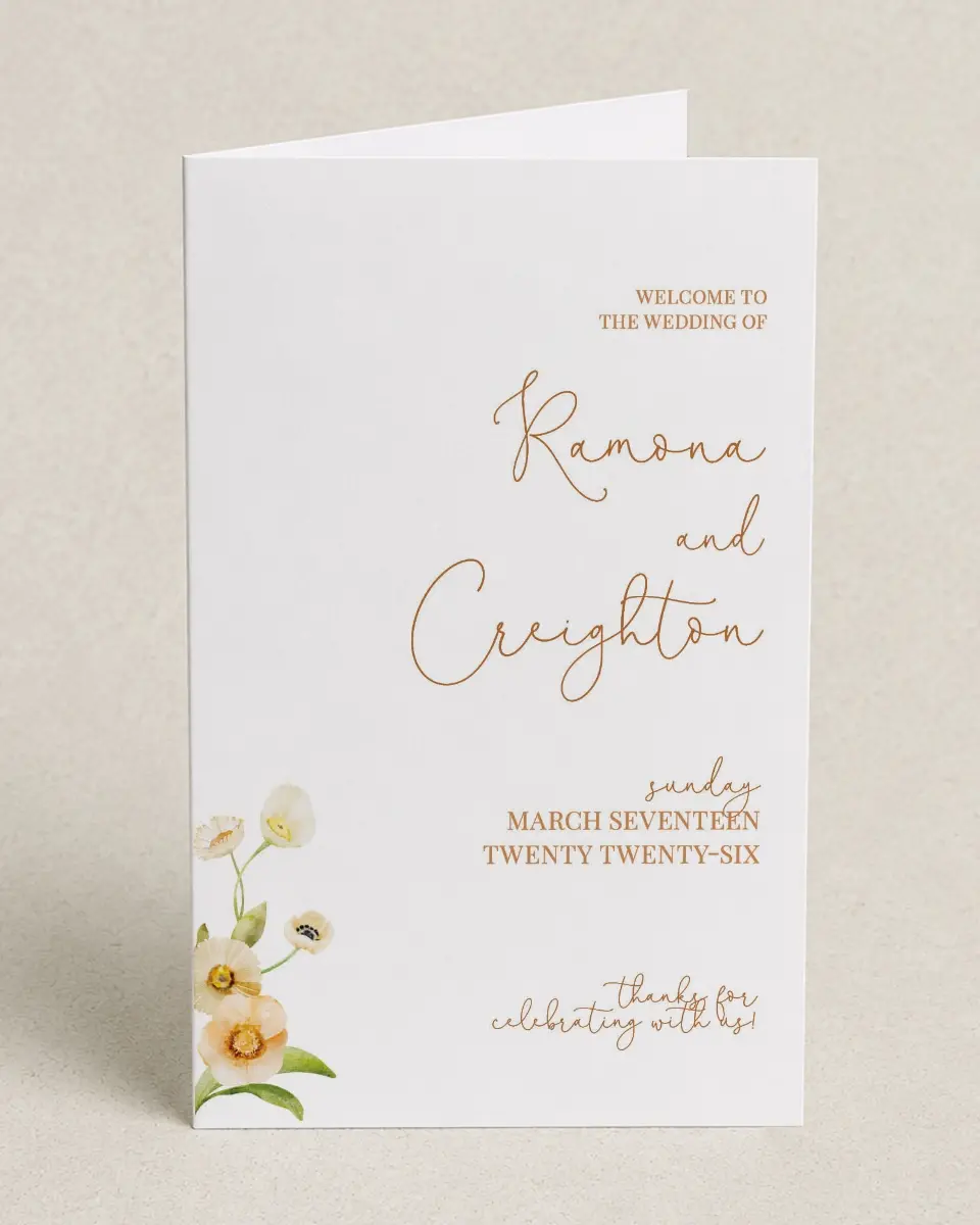 This is a 5" x 7⅞" Folded Half-fold Wedding Program called Sultry Sunshine printed in full color on Premium Smooth paper