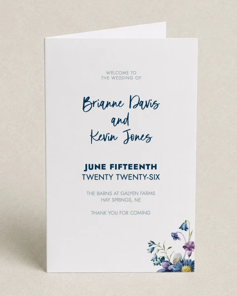 This is a 5" x 7⅞" Folded Half-fold Wedding Program called Abundant Blue printed in full color on Premium Smooth paper