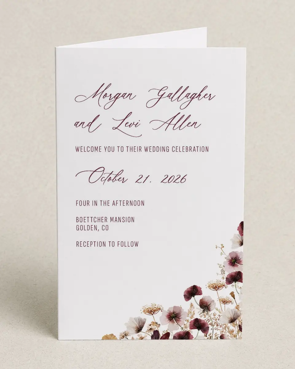 This is a 5" x 7⅞" Folded Half-fold Wedding Program called Harvest Meadows printed in full color on Premium Smooth paper