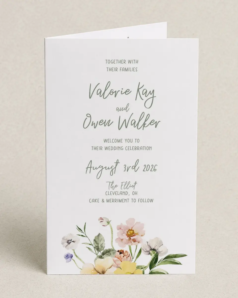 This is a 5" x 7⅞" Folded Half-fold Wedding Program called Hopeful Floral printed in full color on Premium Smooth paper