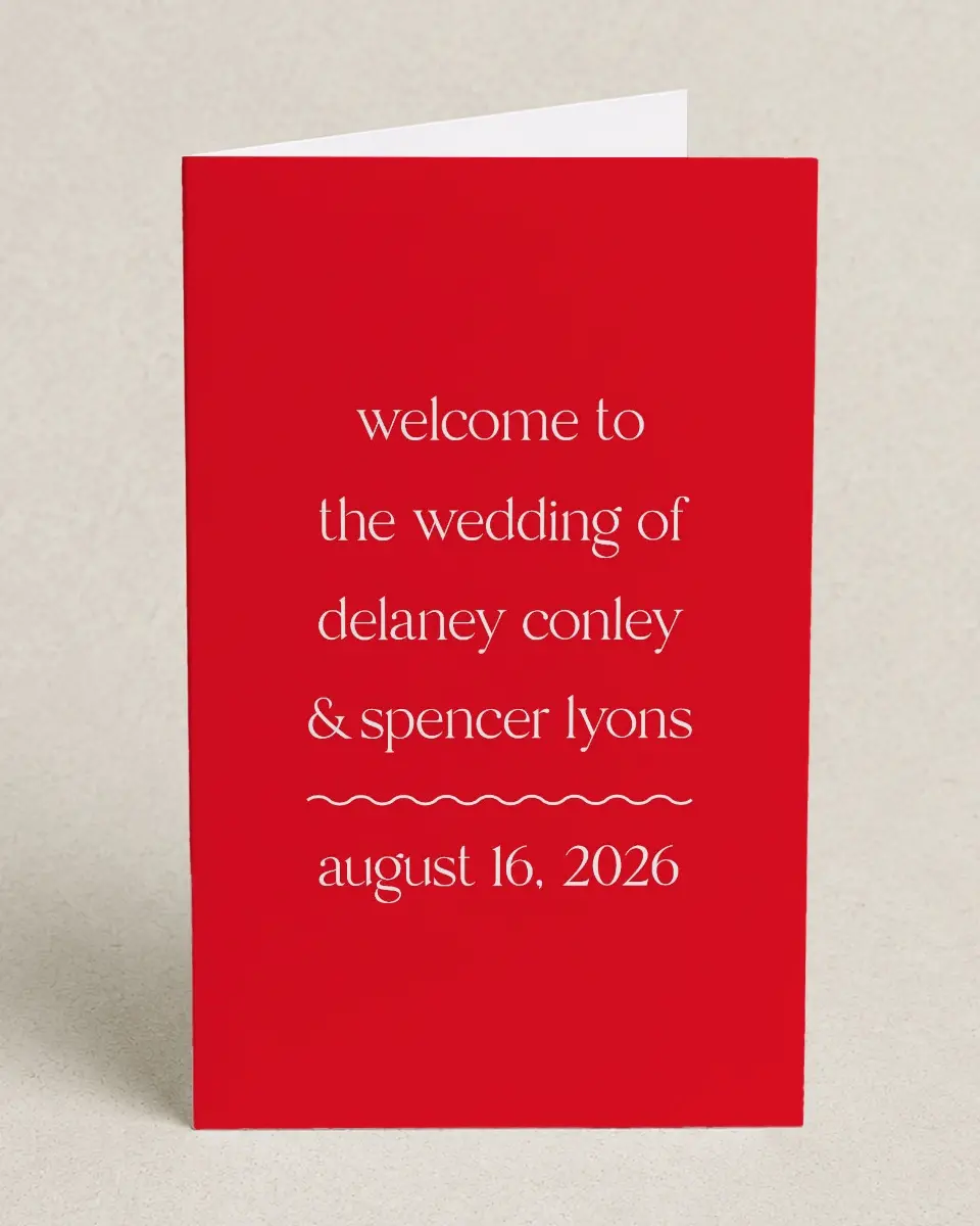 This is a 5" x 7⅞" Folded Half-fold Wedding Program called The Delaney printed in full color on Premium Smooth paper