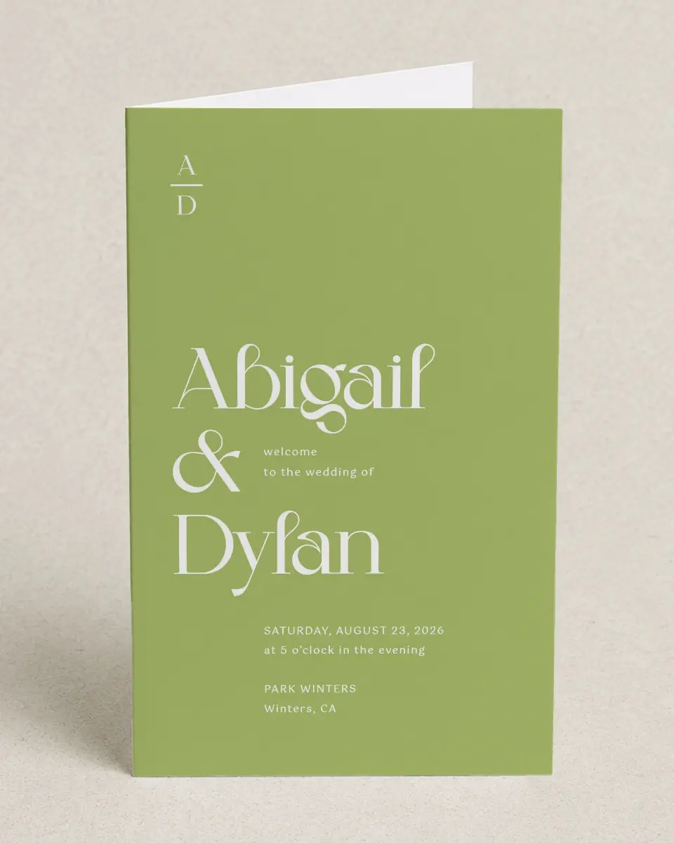 This is a 5" x 7⅞" Folded Half-fold Wedding Program called The Abigail printed in full color on Premium Smooth paper