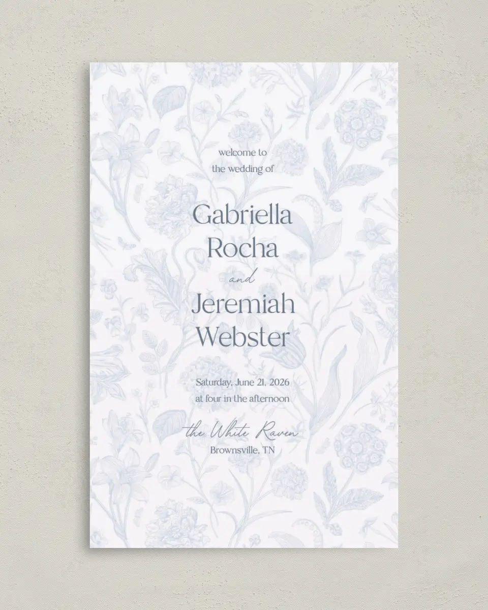 This is a 5" x 7⅞" Folded Half-fold Wedding Program called The Gabriella printed in full color on Premium Smooth paper
