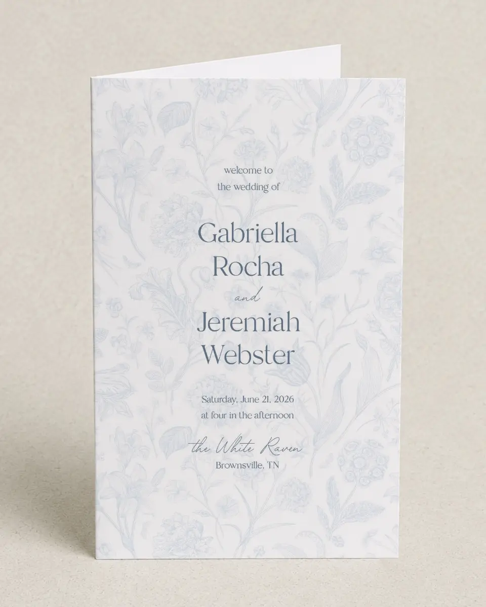 This is a 5" x 7⅞" Folded Half-fold Wedding Program called The Gabriella printed in full color on Premium Smooth paper