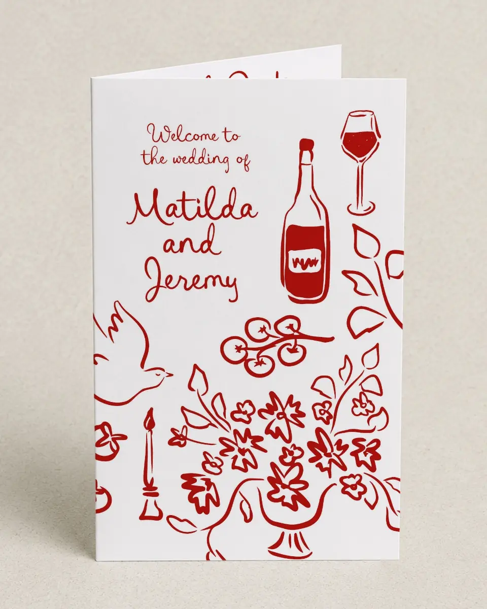 This is a 5" x 7⅞" Folded Half-fold Wedding Program called Love Birds printed in full color on Premium Smooth paper