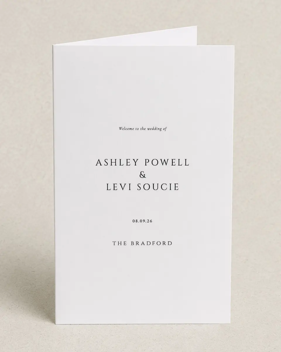 This is a 5" x 7⅞" Folded Half-fold Wedding Program called Classic Romance printed in full color on Premium Smooth paper