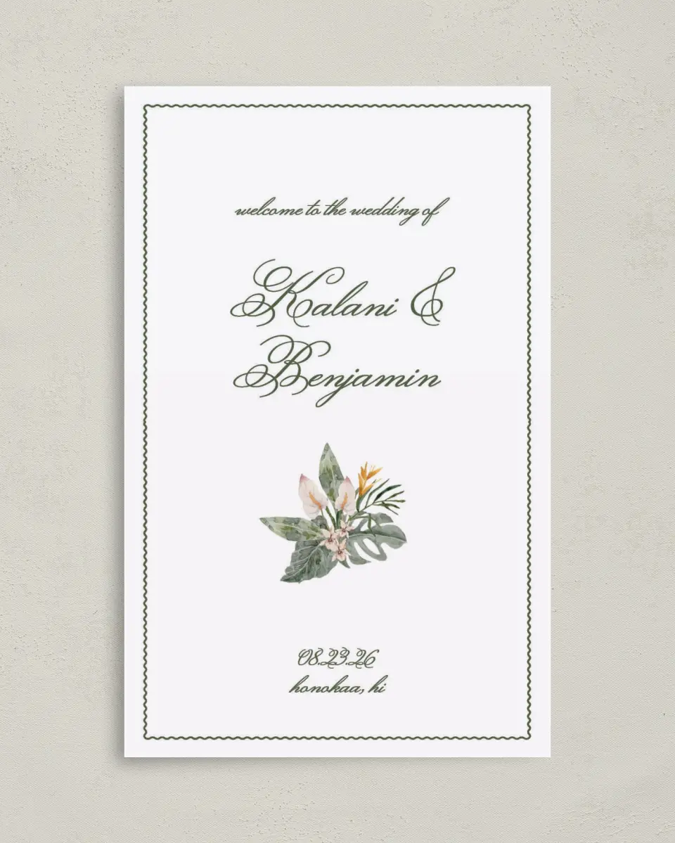 This is a 5" x 7⅞" Folded Half-fold Wedding Program called Aloha Amore printed in full color with Rose Gold foil on Luxe Satin (coated) paper
