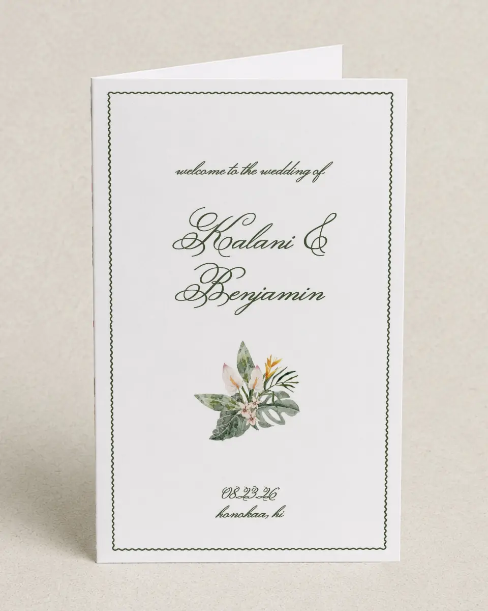 This is a 5" x 7⅞" Folded Half-fold Wedding Program called Aloha Amore printed in full color on Premium Smooth paper