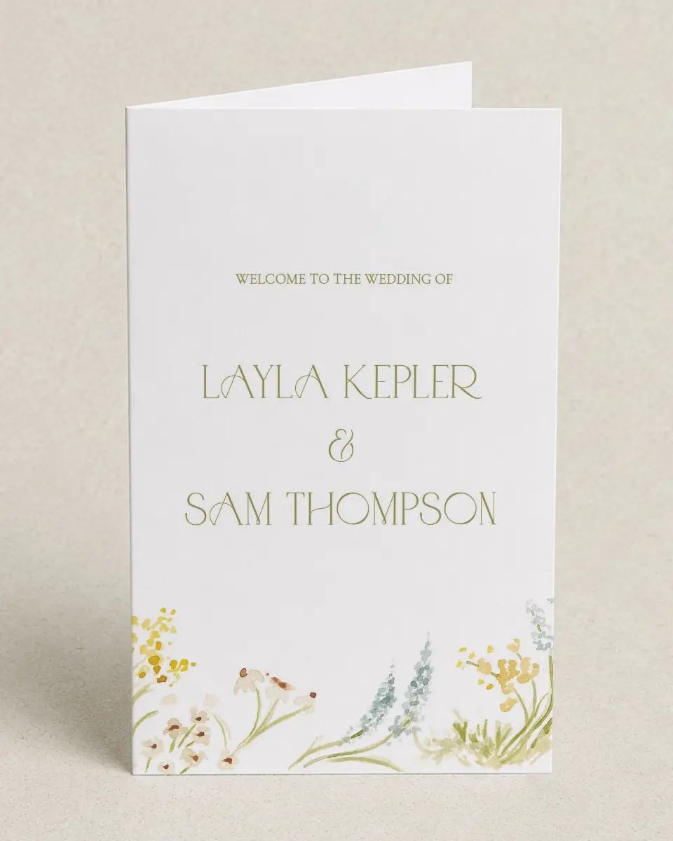 This is a 5" x 7⅞" Folded Half-fold Wedding Program called Forever in Bloom printed in full color on Premium Smooth paper
