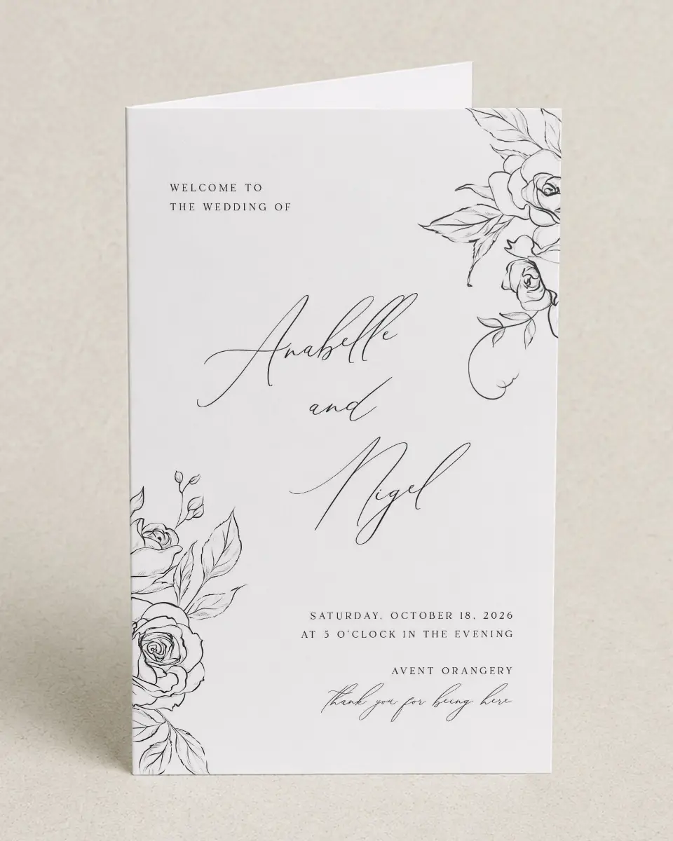 This is a 5" x 7⅞" Folded Half-fold Wedding Program called The Anabelle printed in full color on Premium Smooth paper