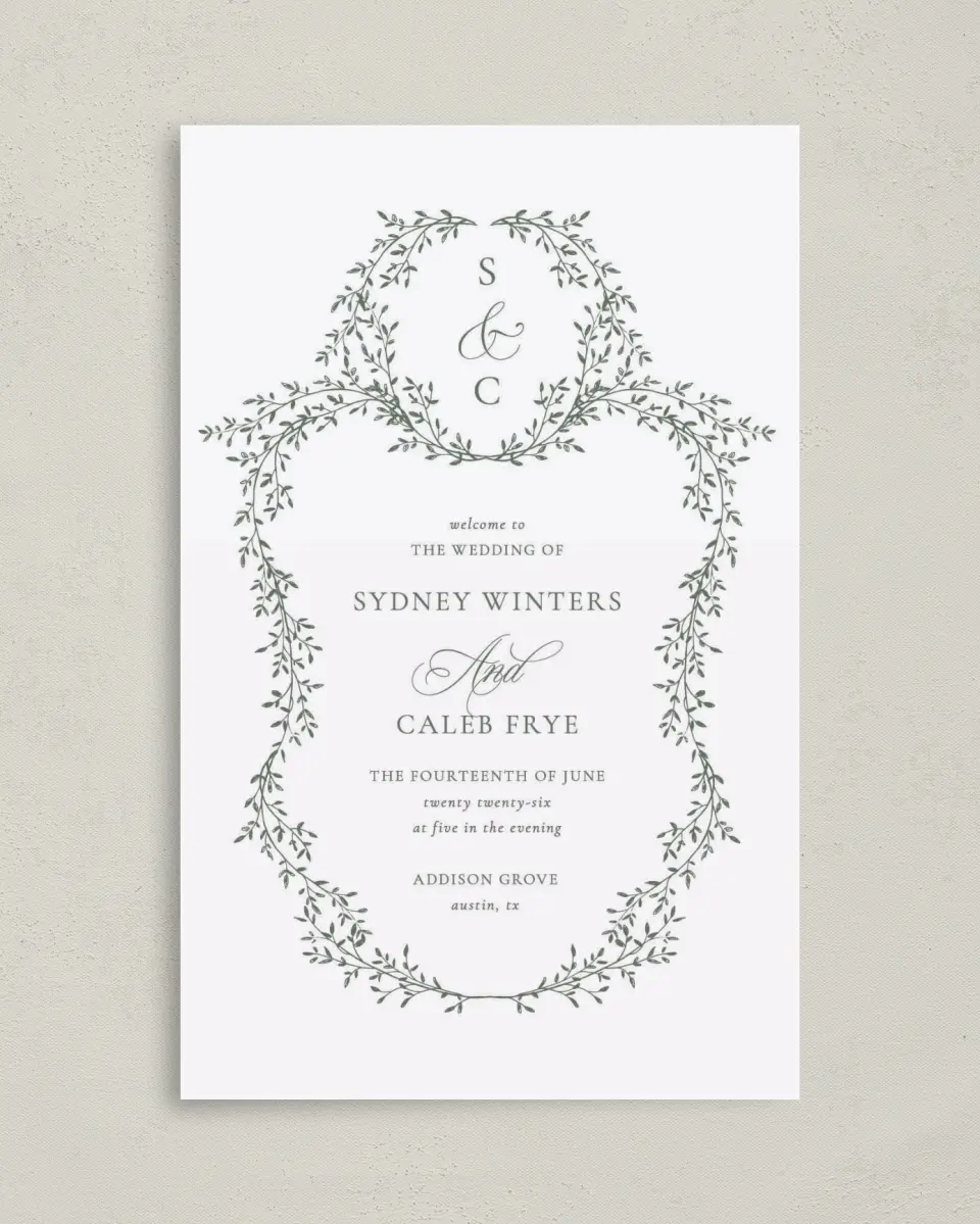 This is a 5" x 7⅞" Folded Half-fold Wedding Program called Elegant Frame printed in full color on Premium Smooth paper