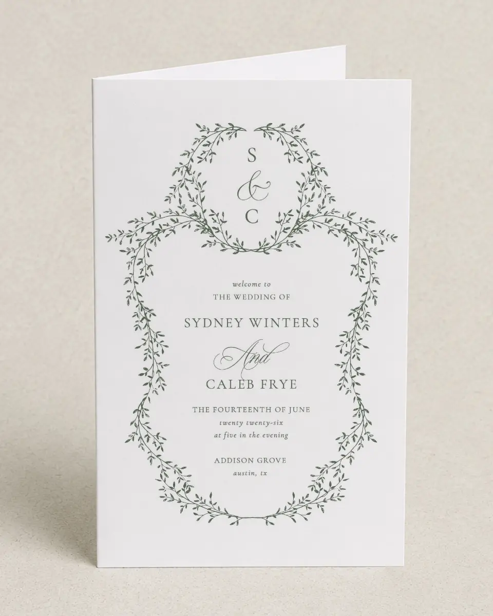 This is a 5" x 7⅞" Folded Half-fold Wedding Program called Elegant Frame printed in full color on Premium Smooth paper