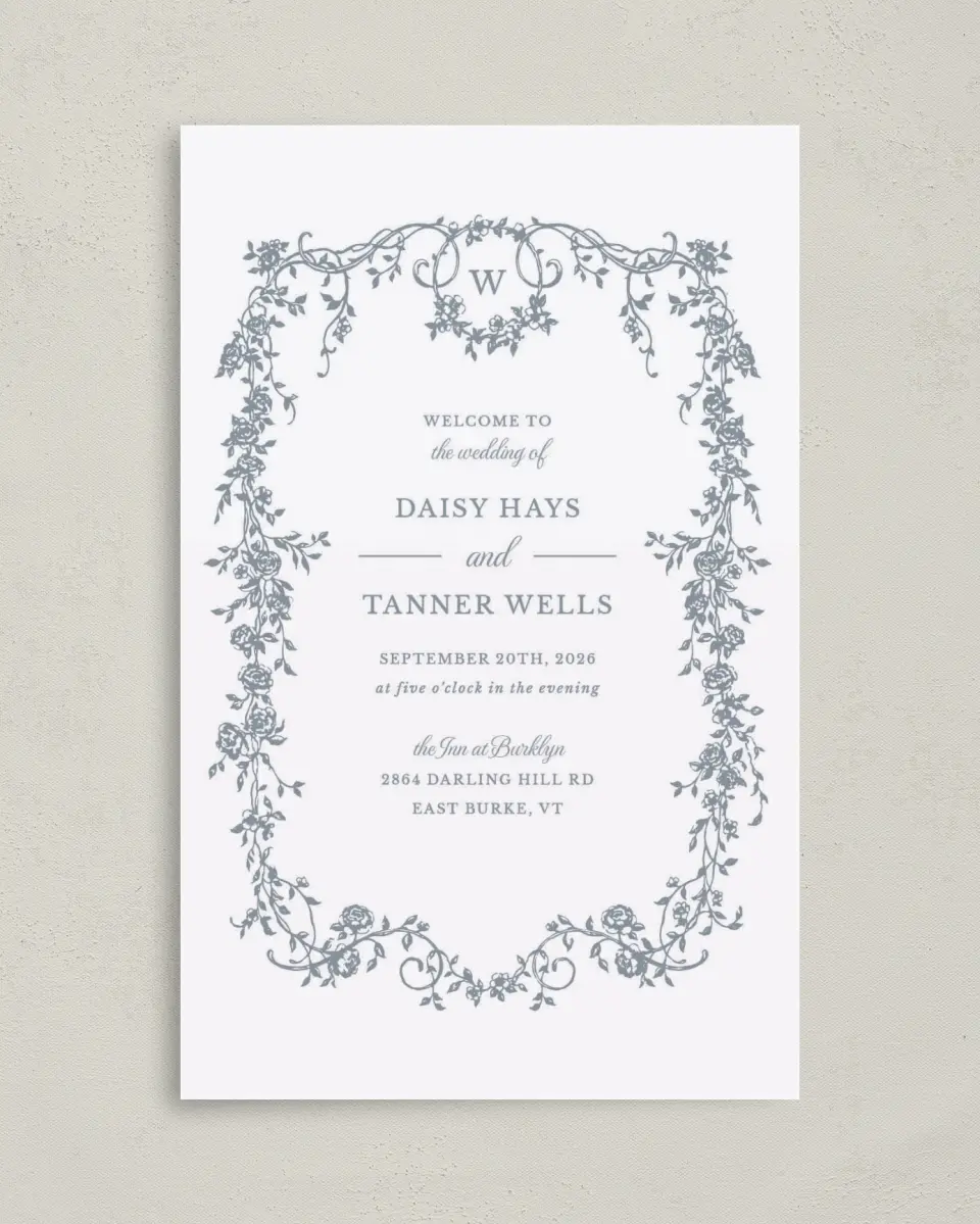 This is a 5" x 7⅞" Folded Half-fold Wedding Program called Flowering Frame printed in full color on Premium Smooth paper