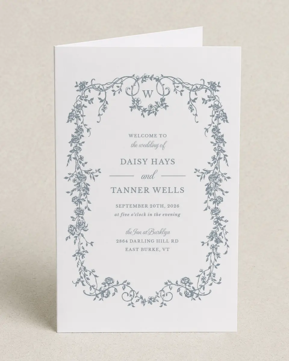 This is a 5" x 7⅞" Folded Half-fold Wedding Program called Flowering Frame printed in full color on Premium Smooth paper