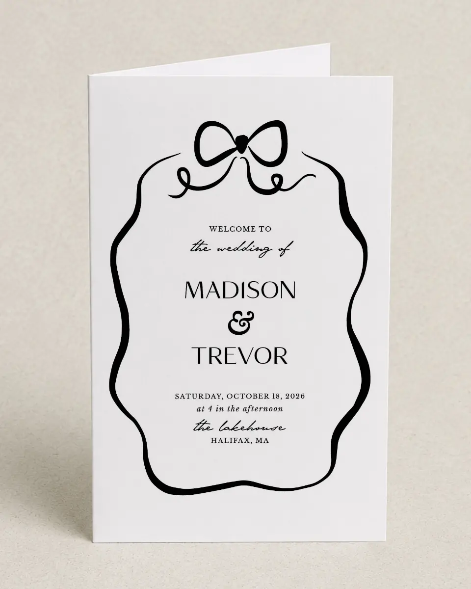 This is a 5" x 7⅞" Folded Half-fold Wedding Program called The Madison printed in full color on Premium Smooth paper