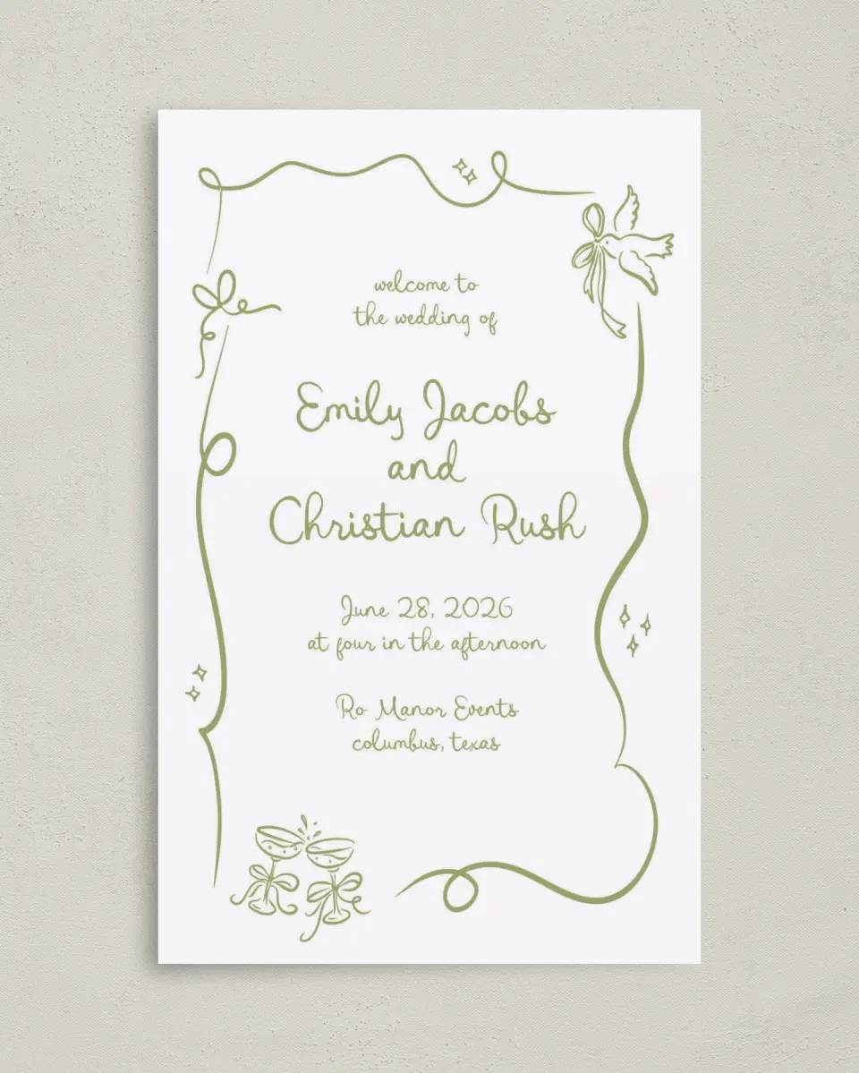 This is a 5" x 7⅞" Folded Half-fold Wedding Program called Wedding Whimsy printed in full color with Rose Gold foil on Luxe Satin (coated) paper