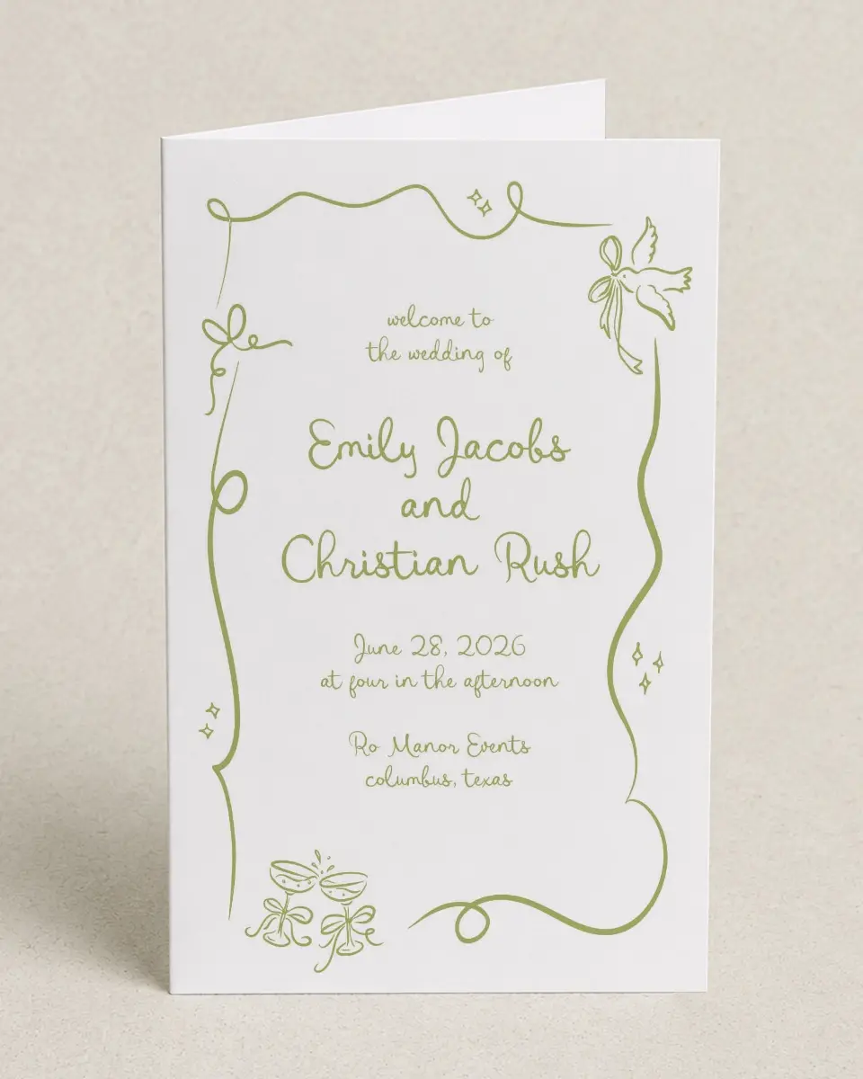 This is a 5" x 7⅞" Folded Half-fold Wedding Program called Wedding Whimsy printed in full color on Premium Smooth paper