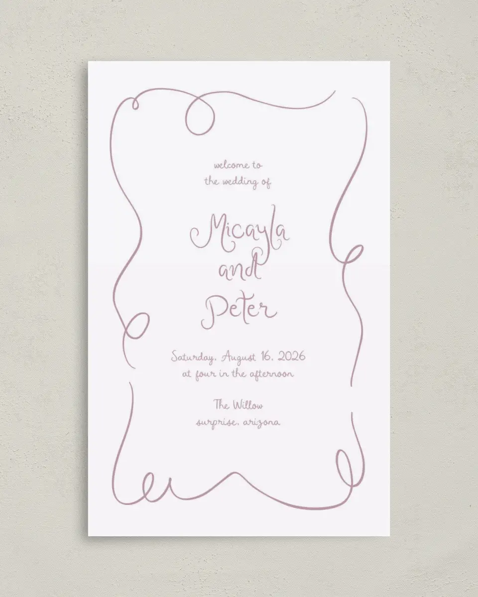 This is a 5" x 7⅞" Folded Half-fold Wedding Program called The Micayla printed in full color with Rose Gold foil on Luxe Satin (coated) paper