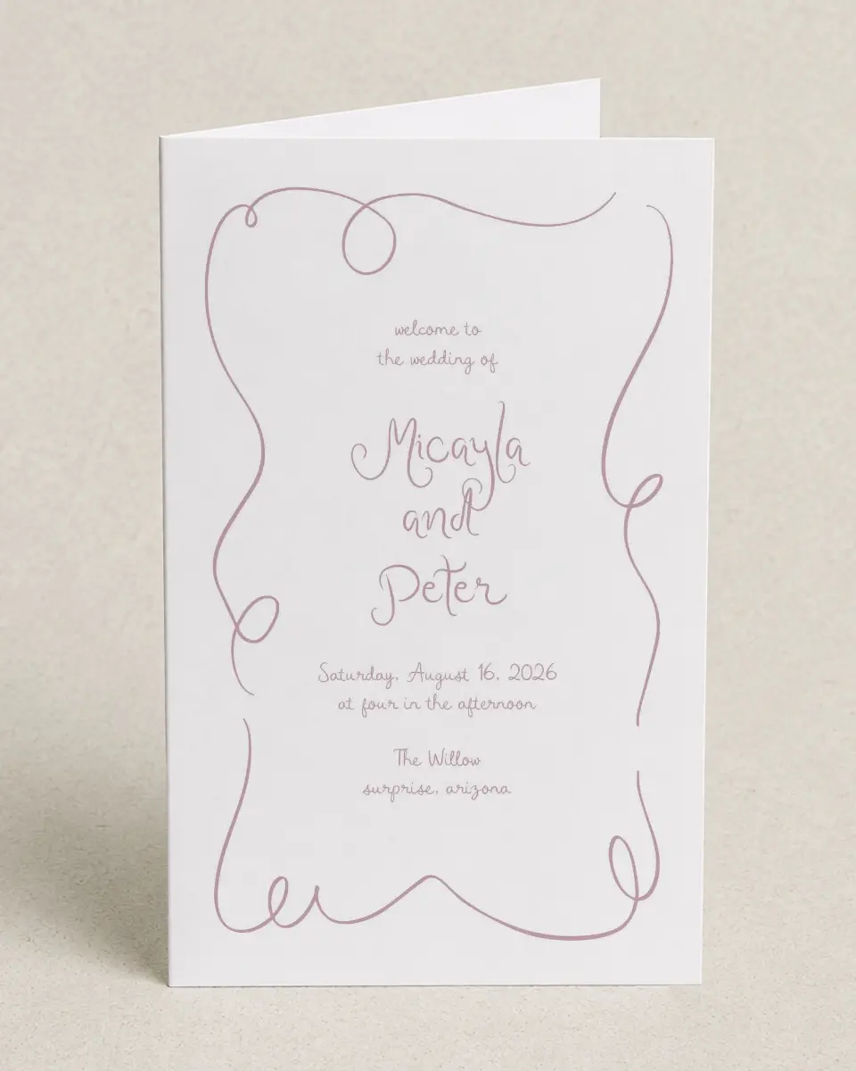 This is a 5" x 7⅞" Folded Half-fold Wedding Program called The Micayla printed in full color on Premium Smooth paper