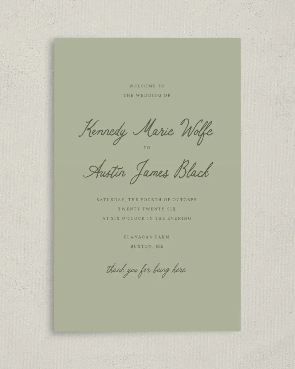 This is a 5" x 7⅞" Folded Half-fold Wedding Program called The Kennedy printed in full color with Rose Gold foil on Luxe Satin (coated) paper