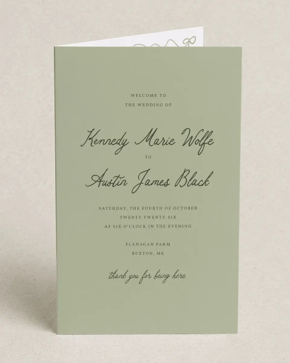 This is a 5" x 7⅞" Folded Half-fold Wedding Program called The Kennedy printed in full color on Premium Smooth paper