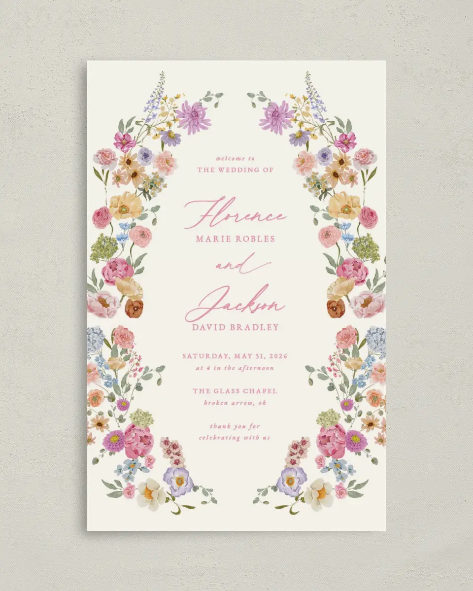 This is a 5" x 7⅞" Folded Half-fold Wedding Program called The Florence printed in full color on Premium Smooth paper