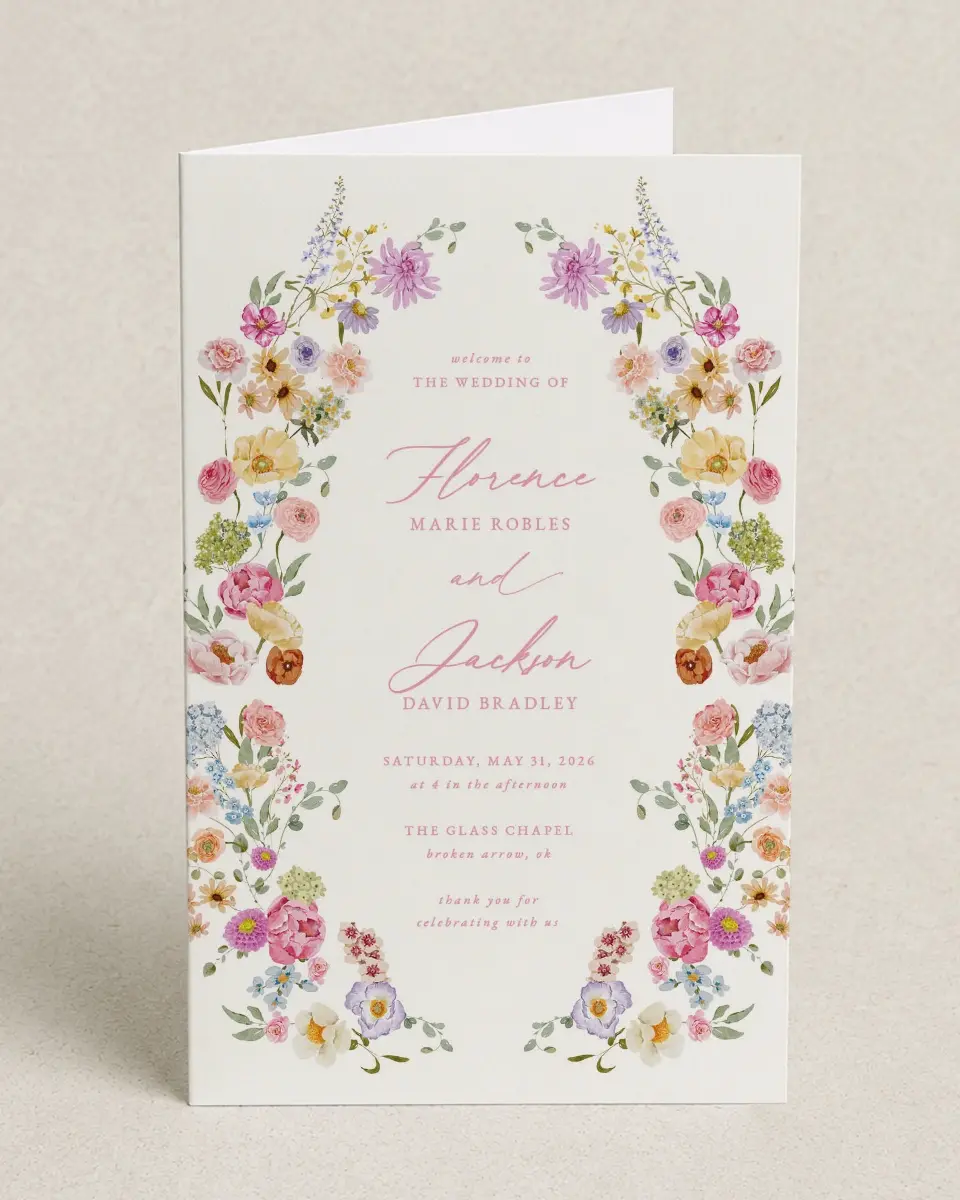 This is a 5" x 7⅞" Folded Half-fold Wedding Program called The Florence printed in full color on Premium Smooth paper