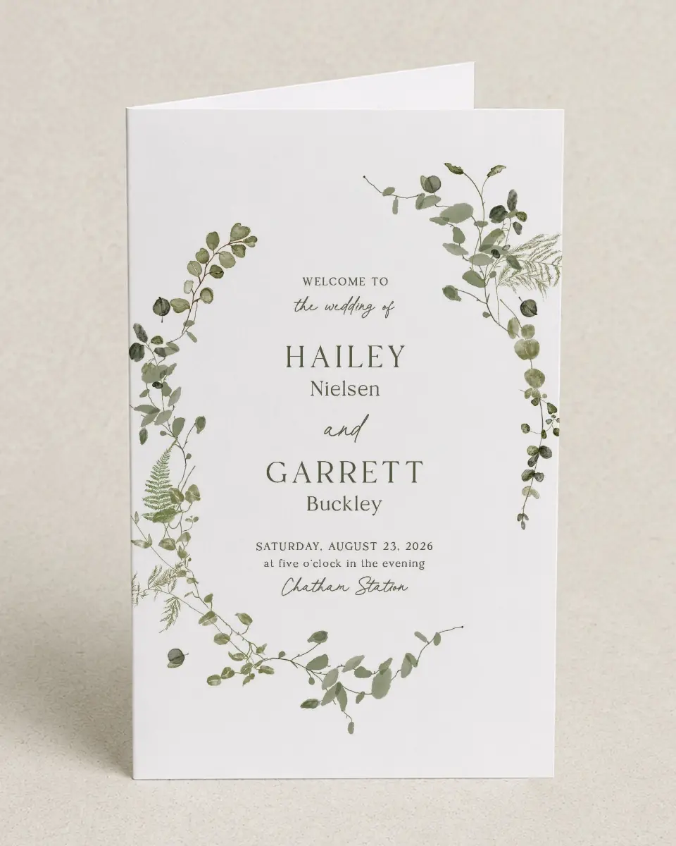 This is a 5" x 7⅞" Folded Half-fold Wedding Program called The Hailey printed in full color on Premium Smooth paper
