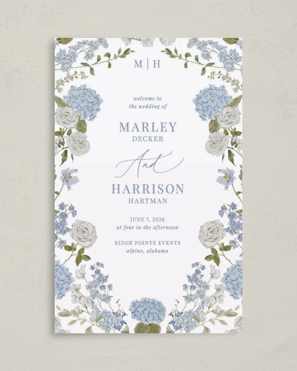 This is a 5" x 7⅞" Folded Half-fold Wedding Program called Blue Blossoms printed in full color on Premium Smooth paper