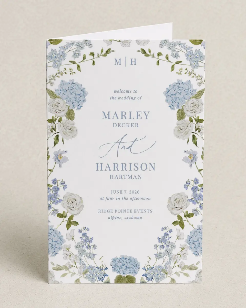 This is a 5" x 7⅞" Folded Half-fold Wedding Program called Blue Blossoms printed in full color on Premium Smooth paper