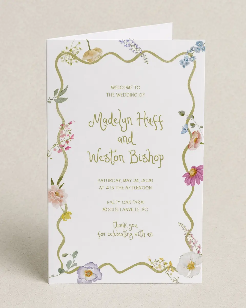 This is a 5" x 7⅞" Folded Half-fold Wedding Program called Whimsical Garden printed in full color on Premium Smooth paper