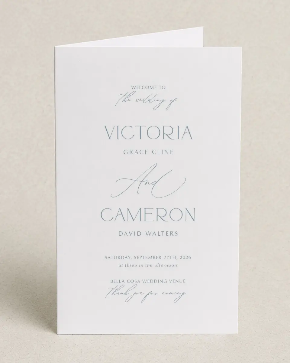 This is a 5" x 7⅞" Folded Half-fold Wedding Program called The Victoria printed in full color on Premium Smooth paper